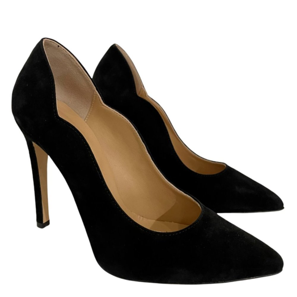 Andrea Carrano Scalloped Black Suede High Heeled Pumps NWB
